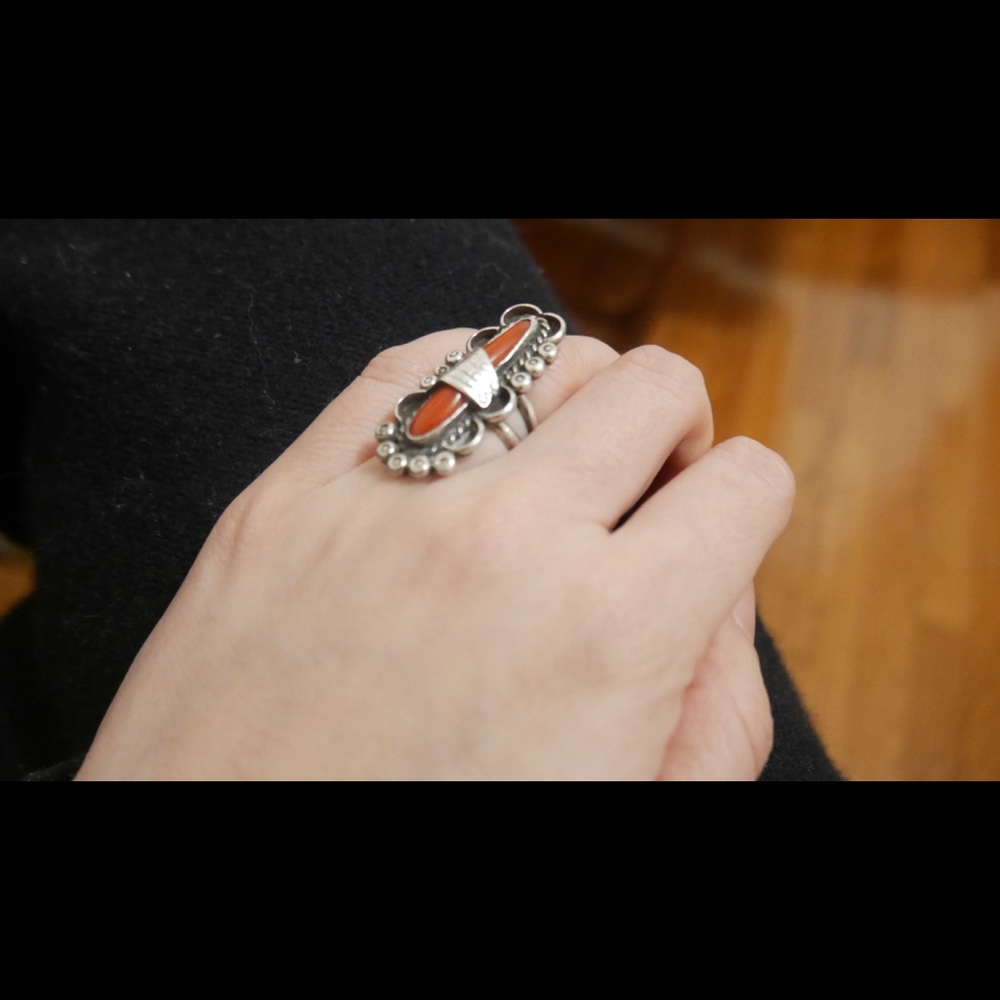 Natural Coral and sterling silver ring